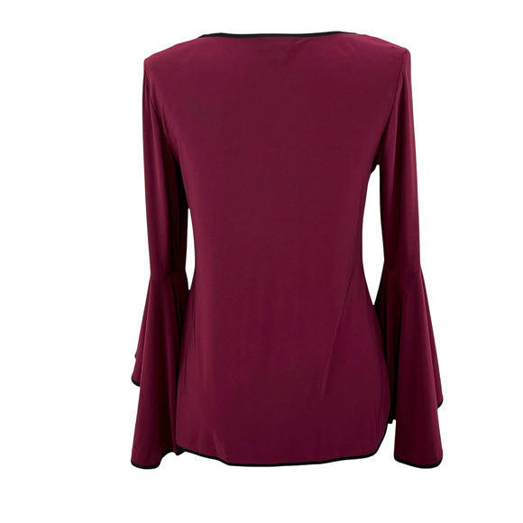 Sam & Jess Maroon Wine Contrast Trim Round Hem Bell Sleeve Blouse Top Large NWT - Picture 4 of 16